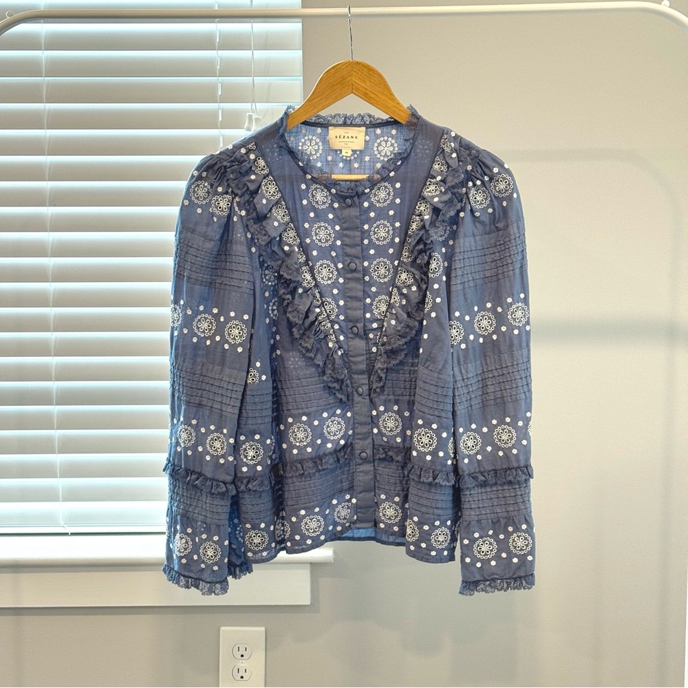 Sezane Nele Shirt Vintage Blue And Ecru - Size 12 - Picture 2 of 3